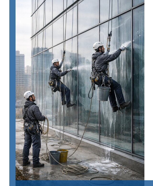 Промышленная мойка панорамных окон на высоте в Заволжье