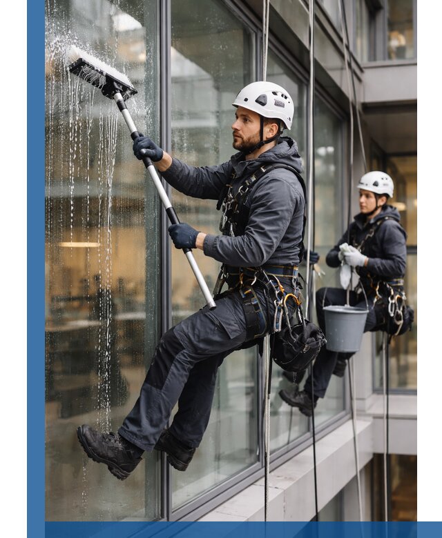 Профессиональная мойка витражей промышленными альпинистами в Заволжье