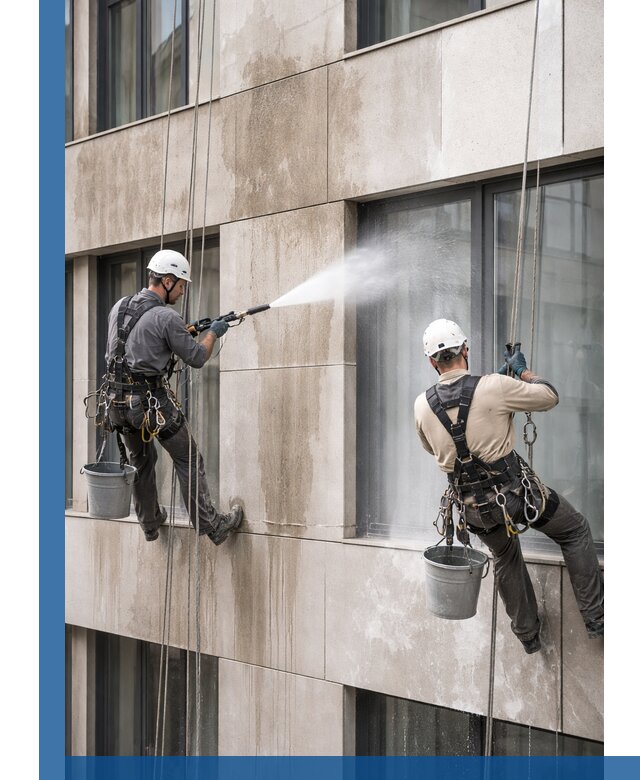 Послестроительная мойка фасада промышленным альпинизмом в Заволжье