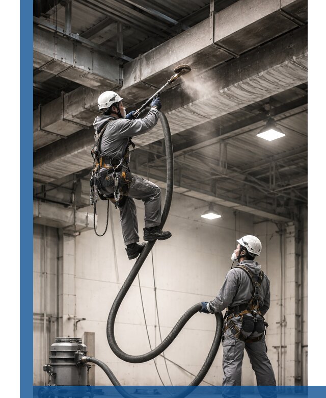 Обеспыливание потолочных конструкций в Заволжье промышленным альпинизмом