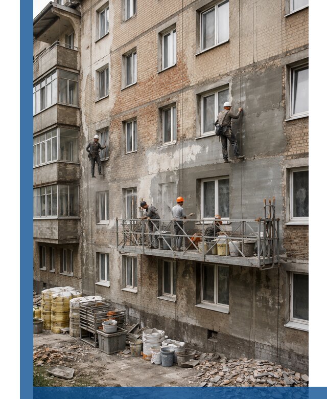 Капитальный ремонт фасада в Заволжье с восстановлением и гидроизоляцией