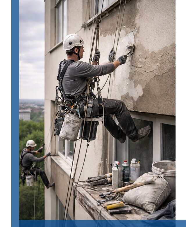 Косметический ремонт фасада зданий в Заволжье промышленными альпинистами