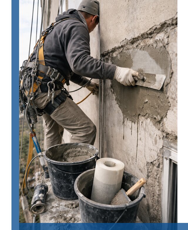 Ремонт бетонных элементов фасада промышленными альпинистами в Заволжье