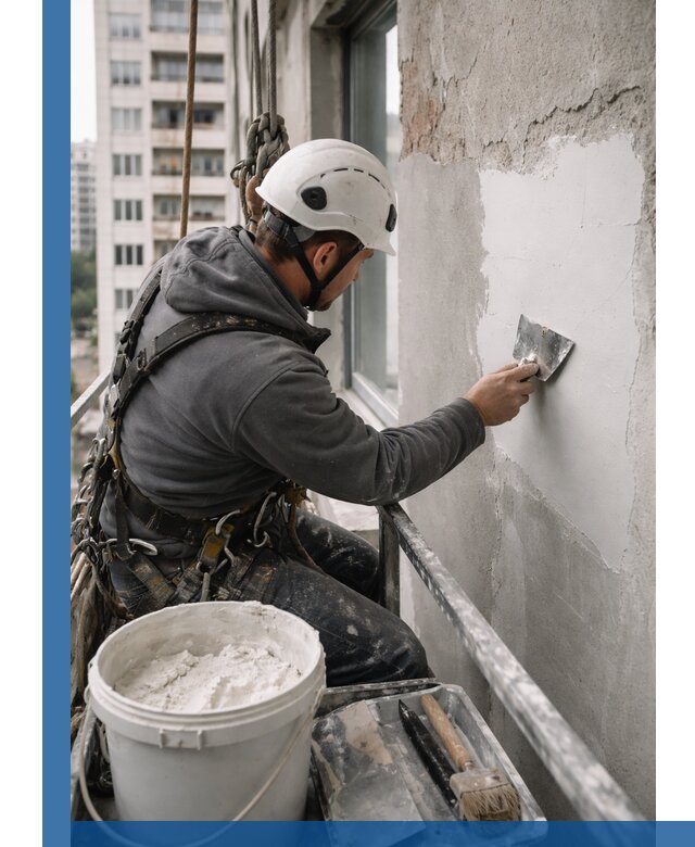 Шпаклевка фасадов на высоте с промальпинистами в Заволжье