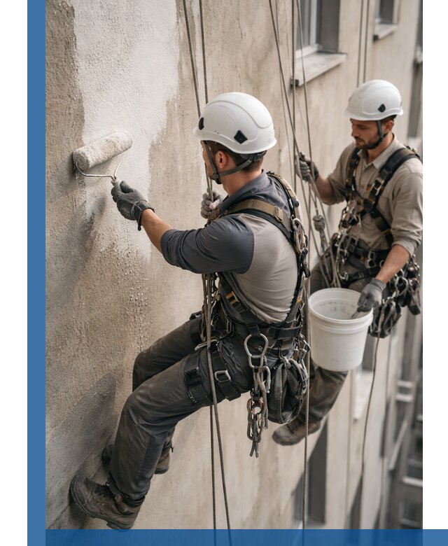 Грунтовка фасада на высоте в Заволжье промышленными альпинистами