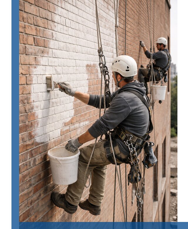 Покраска кирпичного фасада с доступным альпинистским сервисом в Заволжье