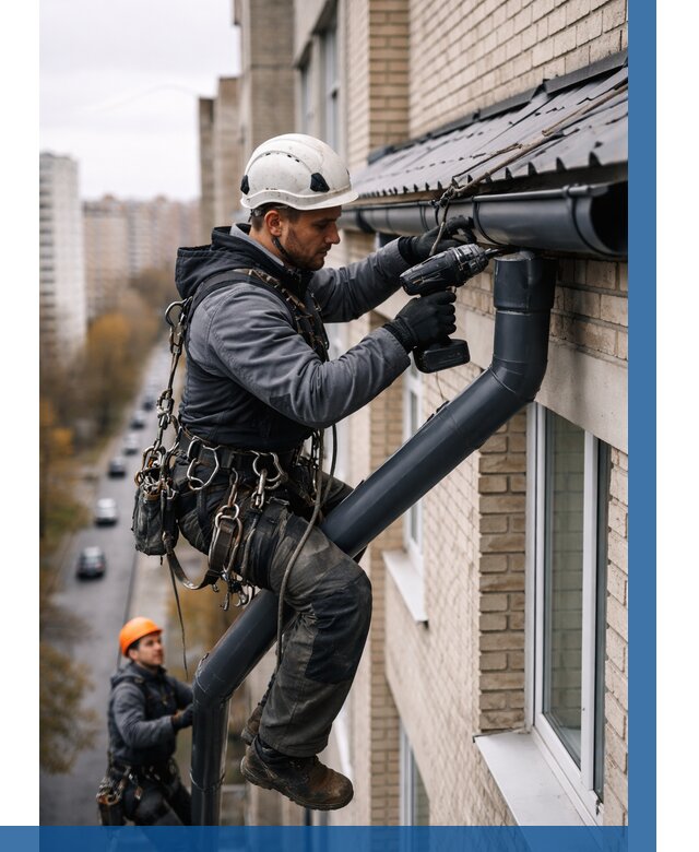 Монтаж водосточной системы на здании в Заволжье от 5092 р. | ВЫСОТНИК-Звл