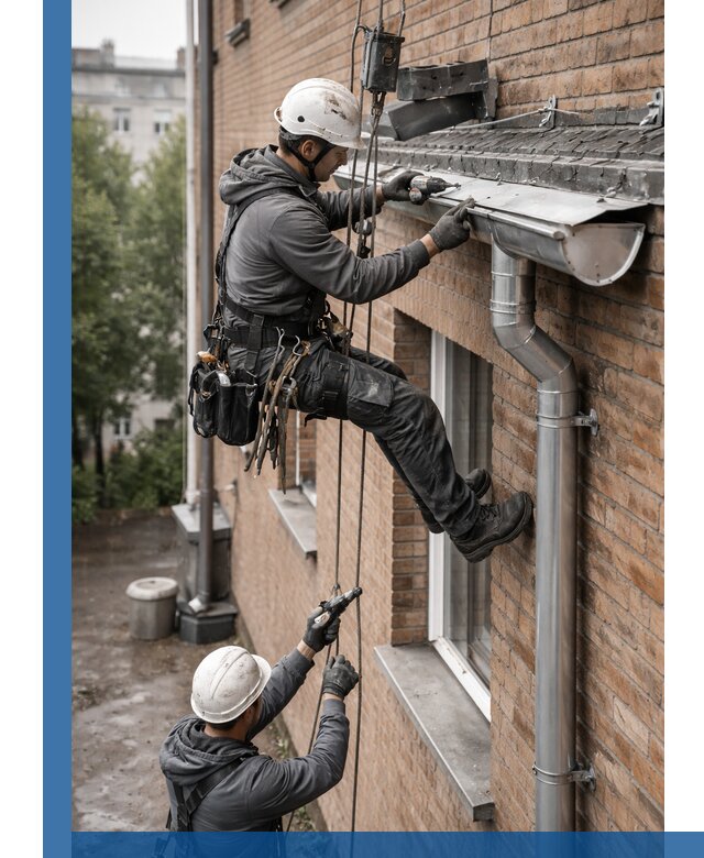 Монтаж водосточной системы на здании в Заволжье под ключ