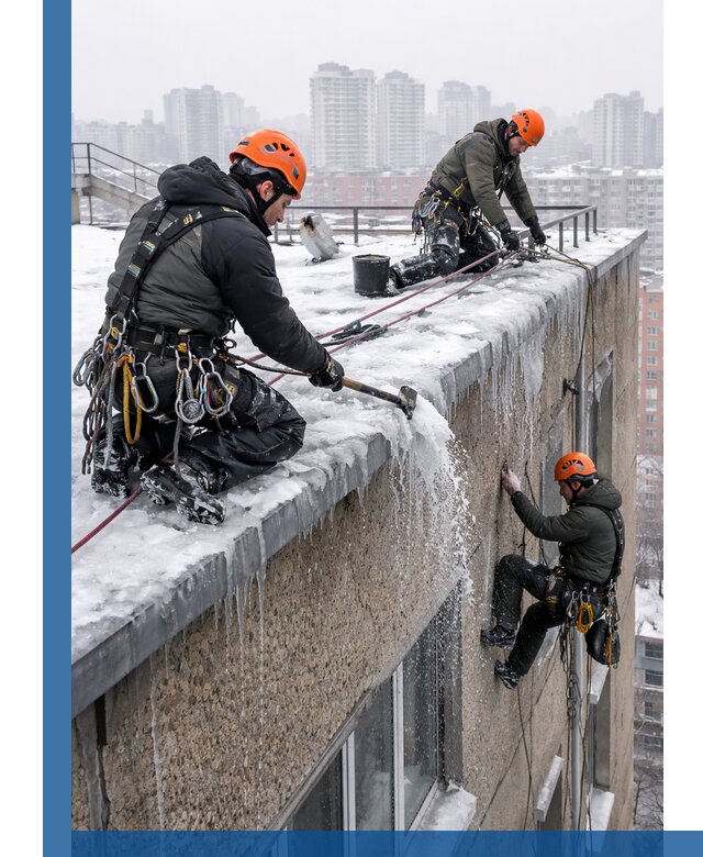 Удаление наледи с кровли в Заволжье промышленными альпинистами