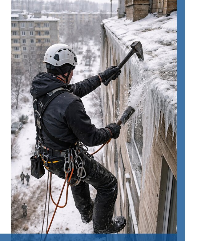 Сбивание сосулек с крыши в Заволжье по цене от 4583 р. | ВЫСОТНИК-Звл