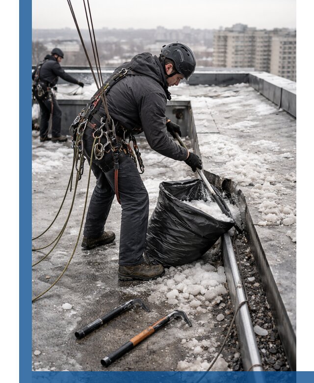Аварийная очистка кровли в Заволжье от промальпинистов