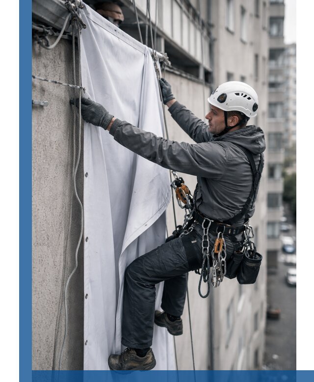 Замена баннерного полотна промышленными альпинистами в Заволжье