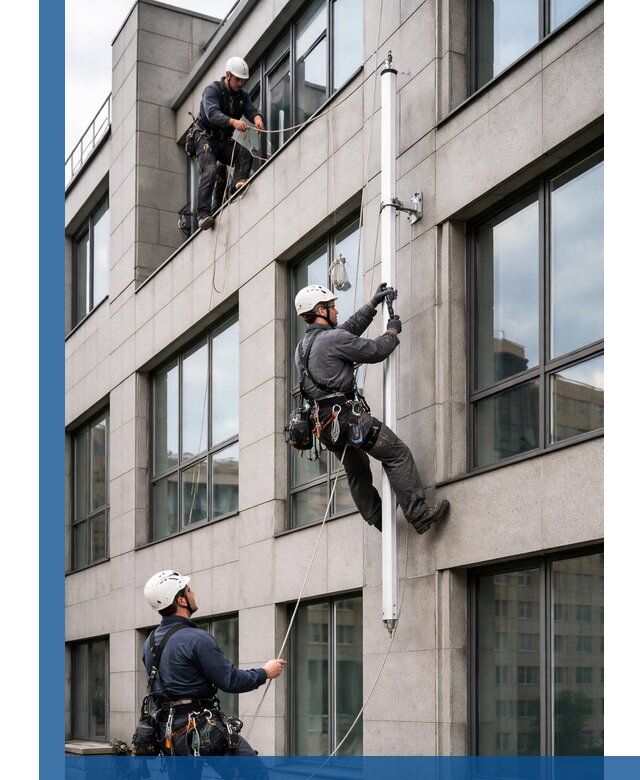 Монтаж флагштока на фасаде здания с креплением и герметикой в Заволжье