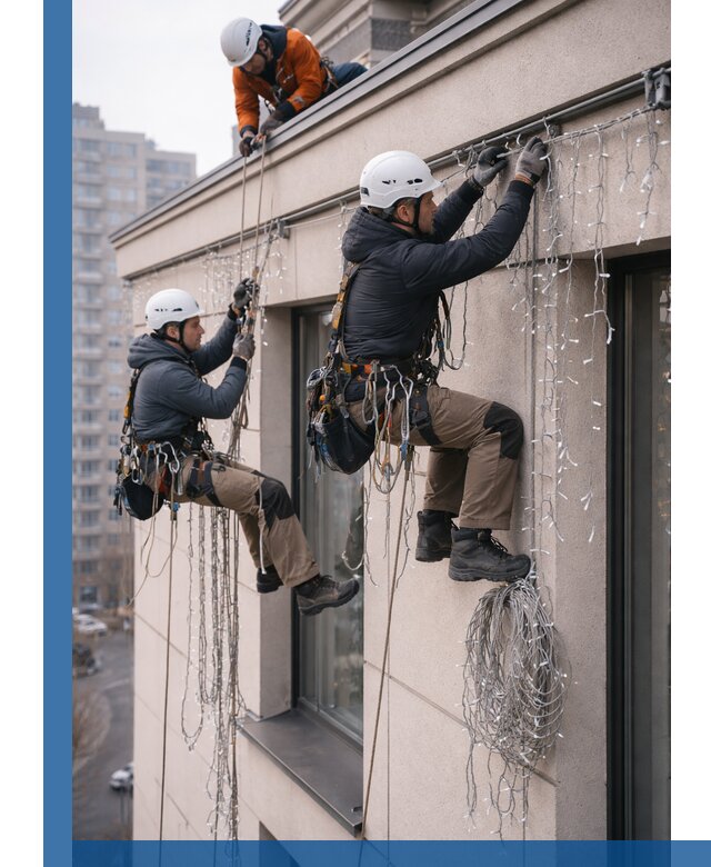 Монтаж праздничных гирлянд на фасаде в Заволжье для зданий