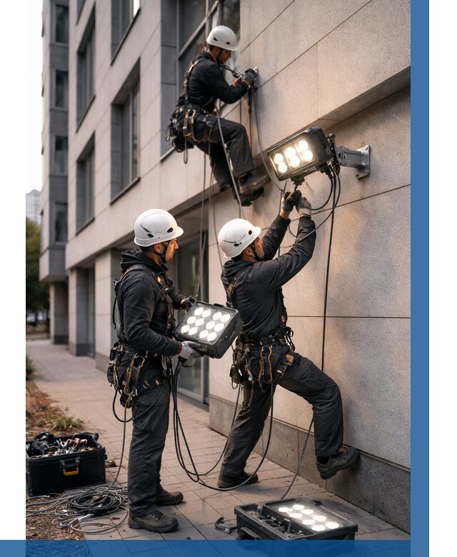 Монтаж прожекторов на фасаде в Заволжье от 7638 р. | ВЫСОТНИК-Звл