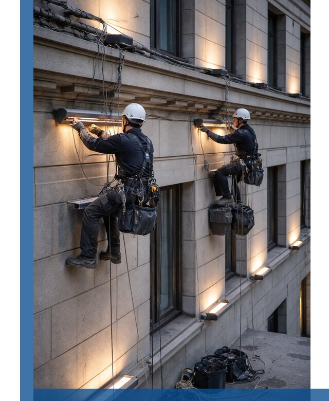 Монтаж архитектурной подсветки фасадов зданий в Заволжье