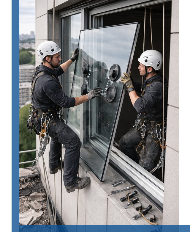 Замена стеклопакетов на высоте с промышленными альпинистами в Заволжье