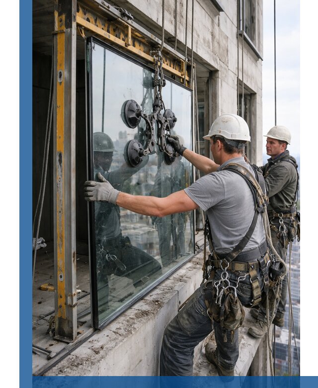 Монтаж стеклопакетов на высоте в Заволжье с промышленным альпинизмом