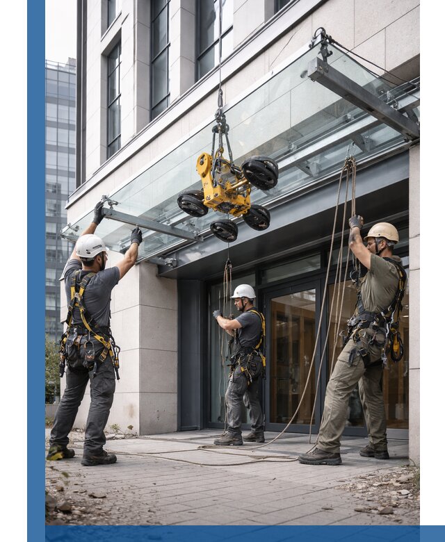 Монтаж стеклянных козырьков под ключ в Заволжье для зданий