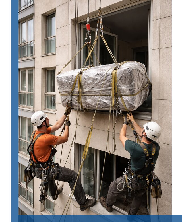 Подъем грузов через окно в Заволжье промышленными альпинистами