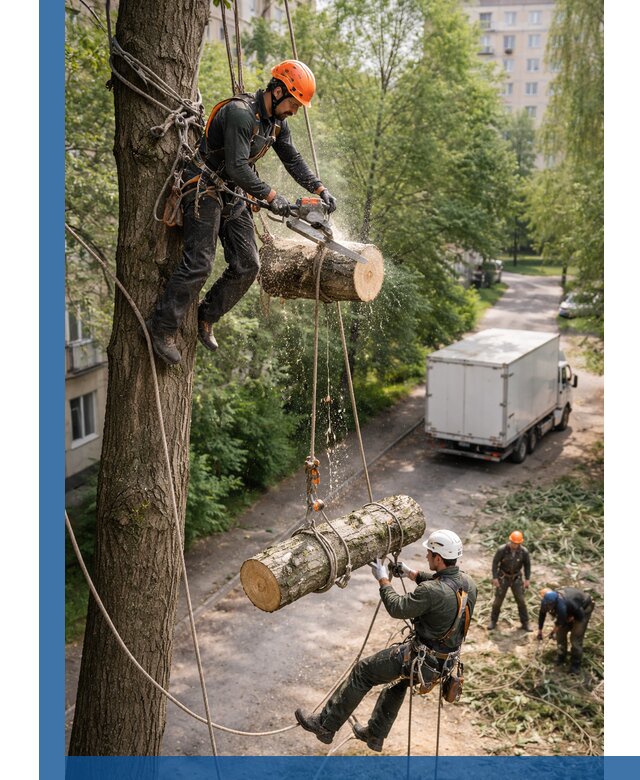 Спил деревьев альпинистами в Заволжье, безопасно и без повреждений