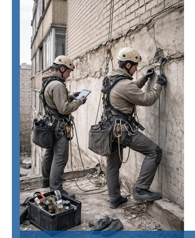 Обследование фасада промышленными альпинистами в Заволжье